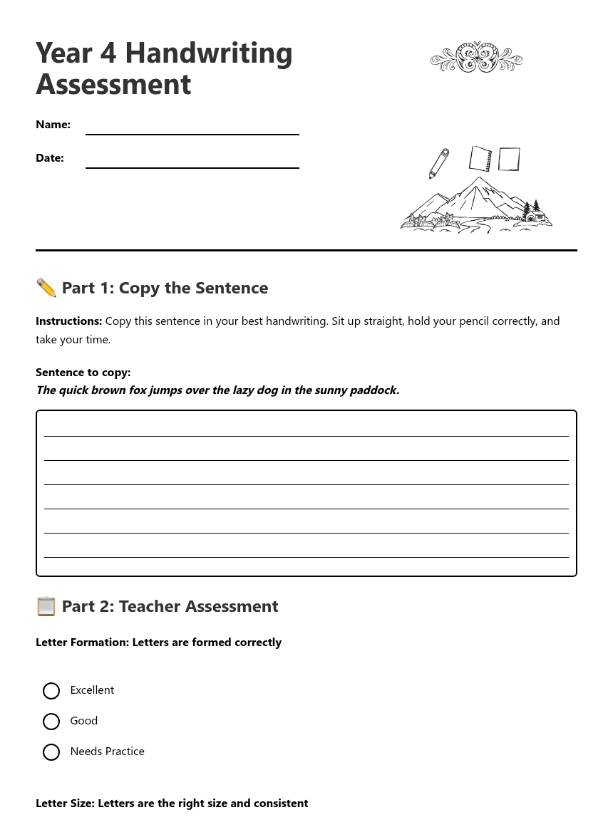 Year 4 Handwriting Assessment worksheet preview