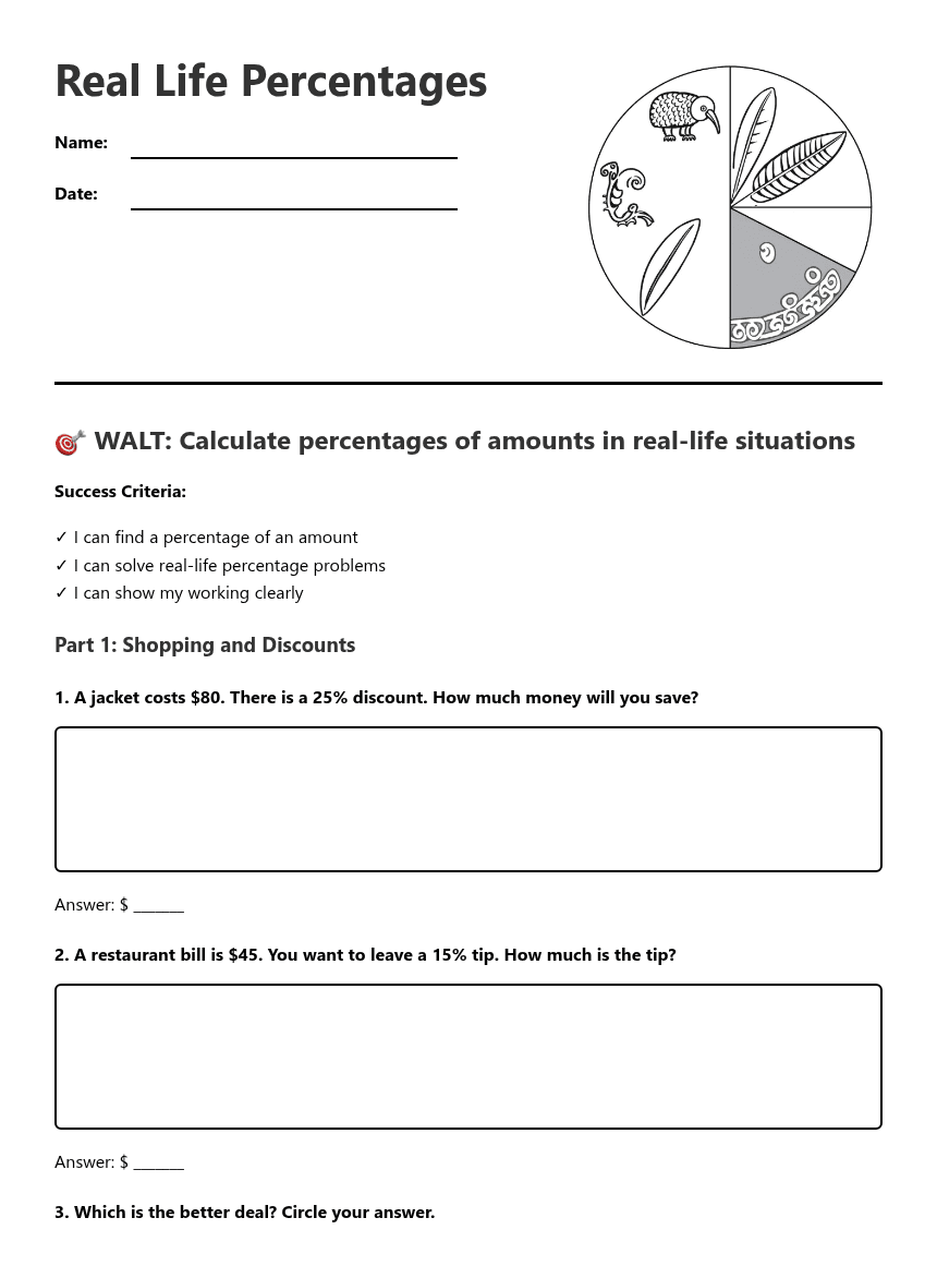Real Life Percentages worksheet preview