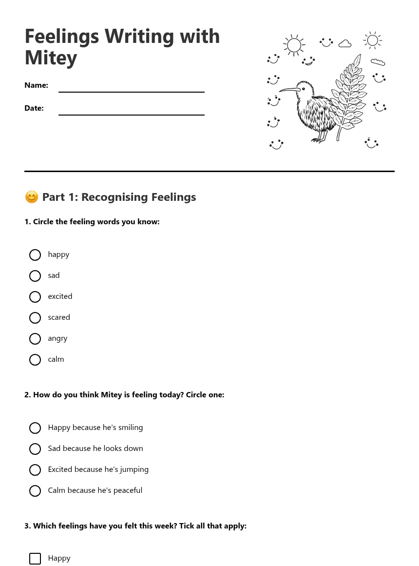 Feelings Writing with Mitey worksheet preview