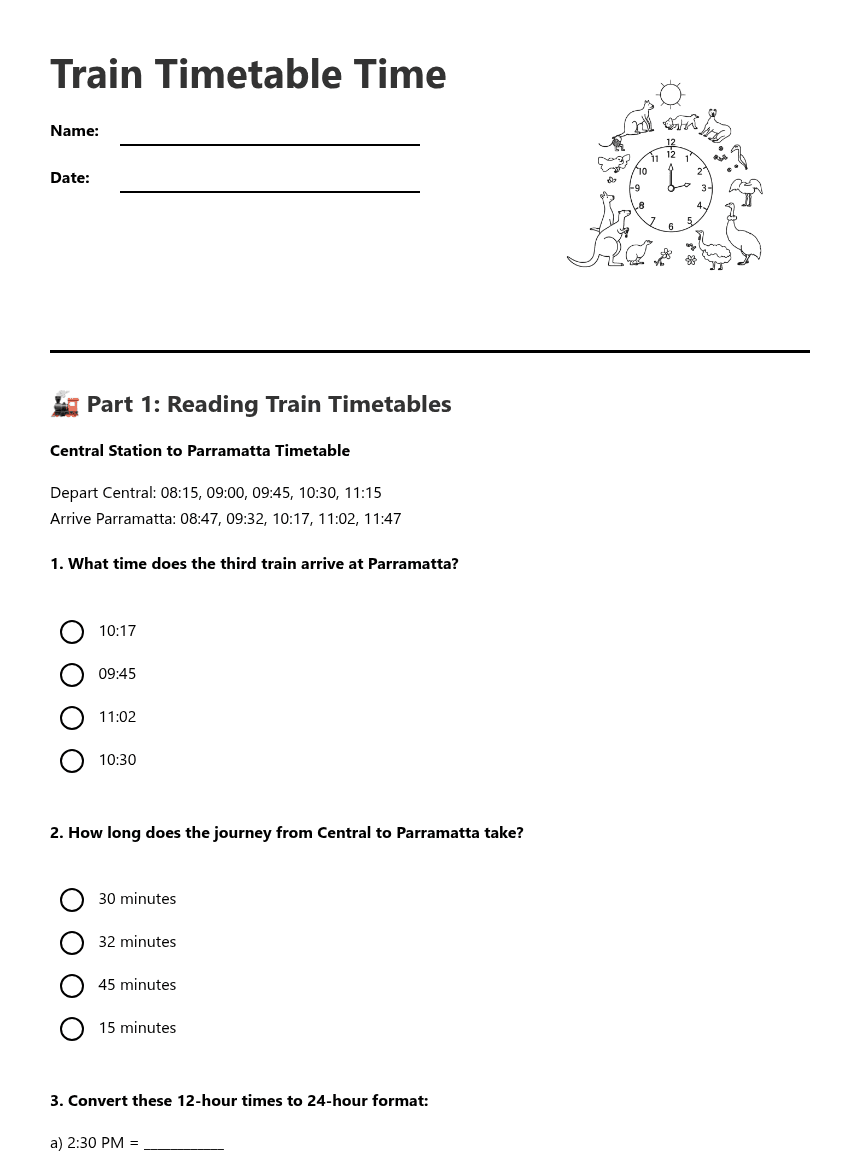 Train Timetable Time worksheet preview