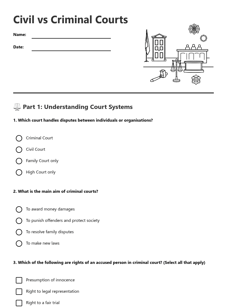 Civil vs Criminal Courts worksheet preview