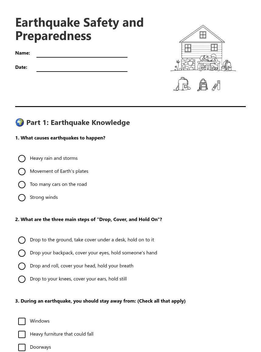 Earthquake Safety and Preparedness worksheet preview