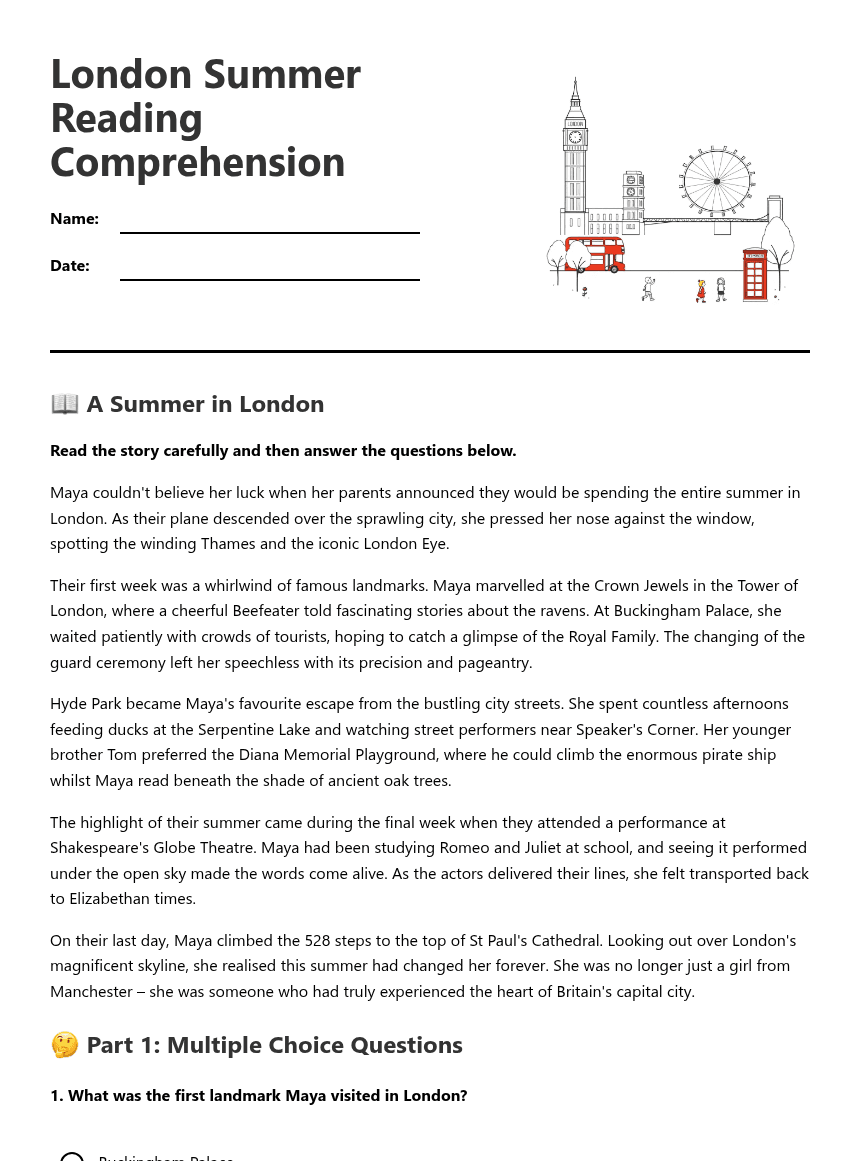 London Summer Reading Comprehension worksheet preview