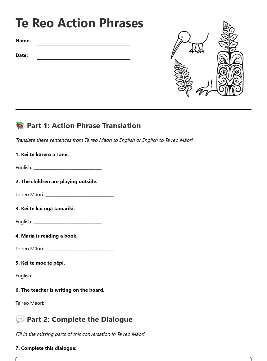 Te Reo Action Phrases worksheet preview