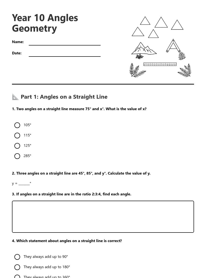 Year 10 Angles Geometry worksheet preview