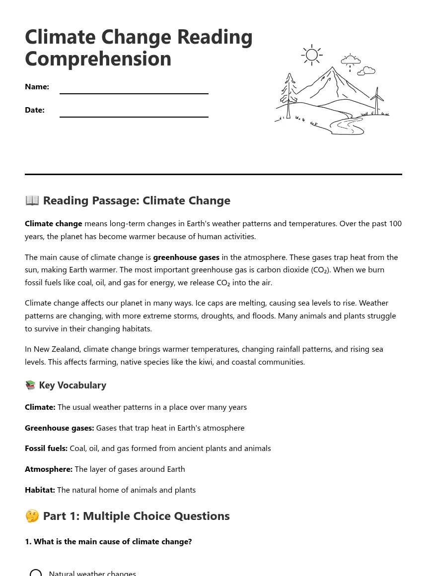 Climate Change Reading Comprehension worksheet preview