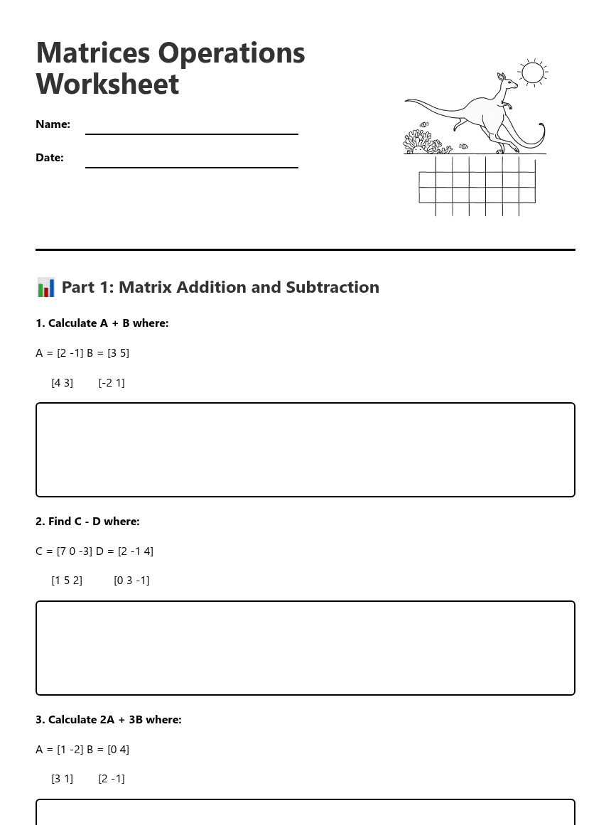 Matrices Operations Worksheet worksheet preview