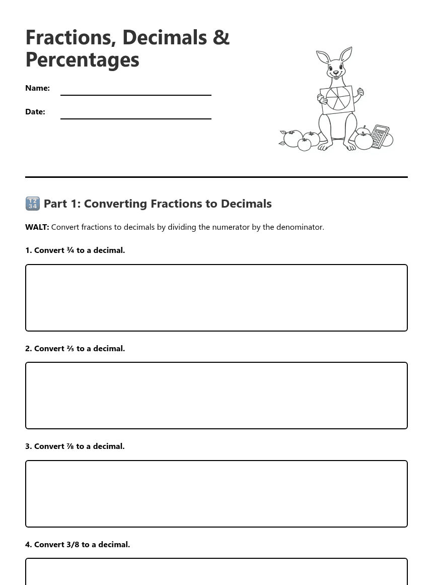 Fractions, Decimals & Percentages worksheet preview