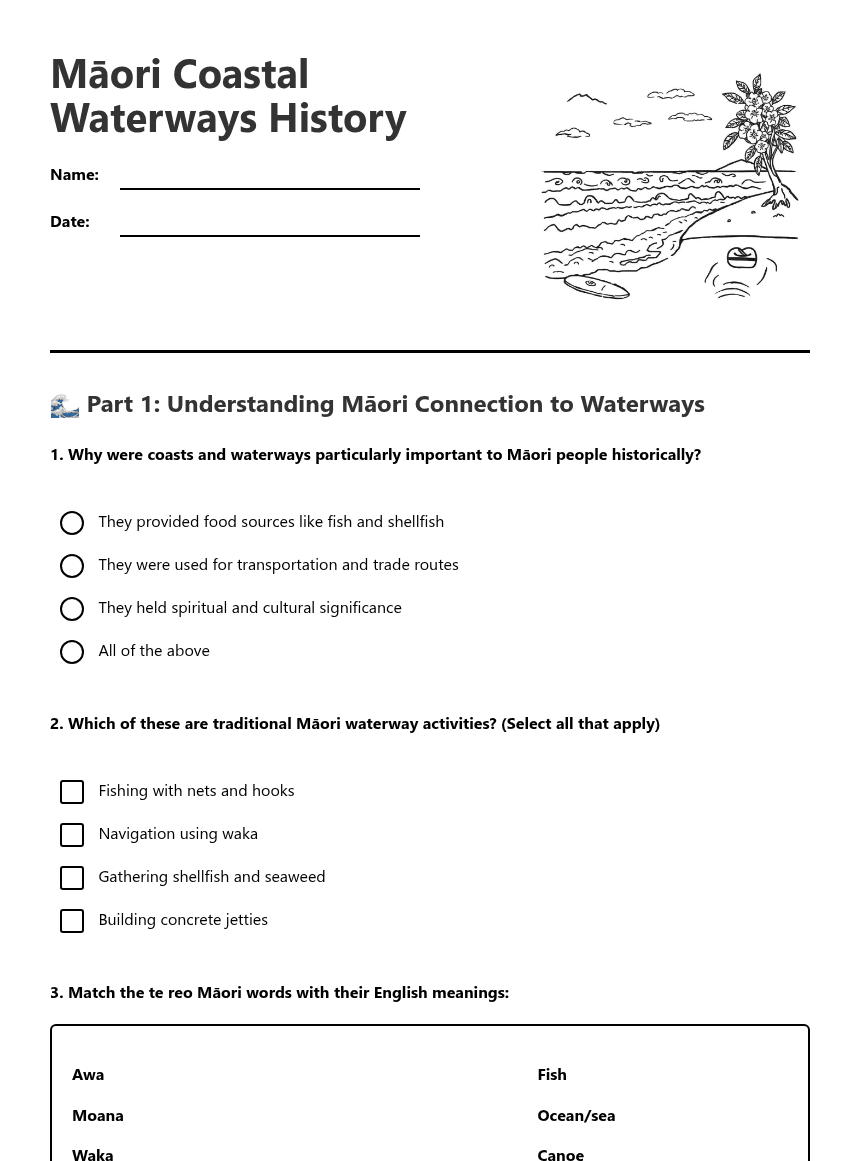 Māori Coastal Waterways History worksheet preview