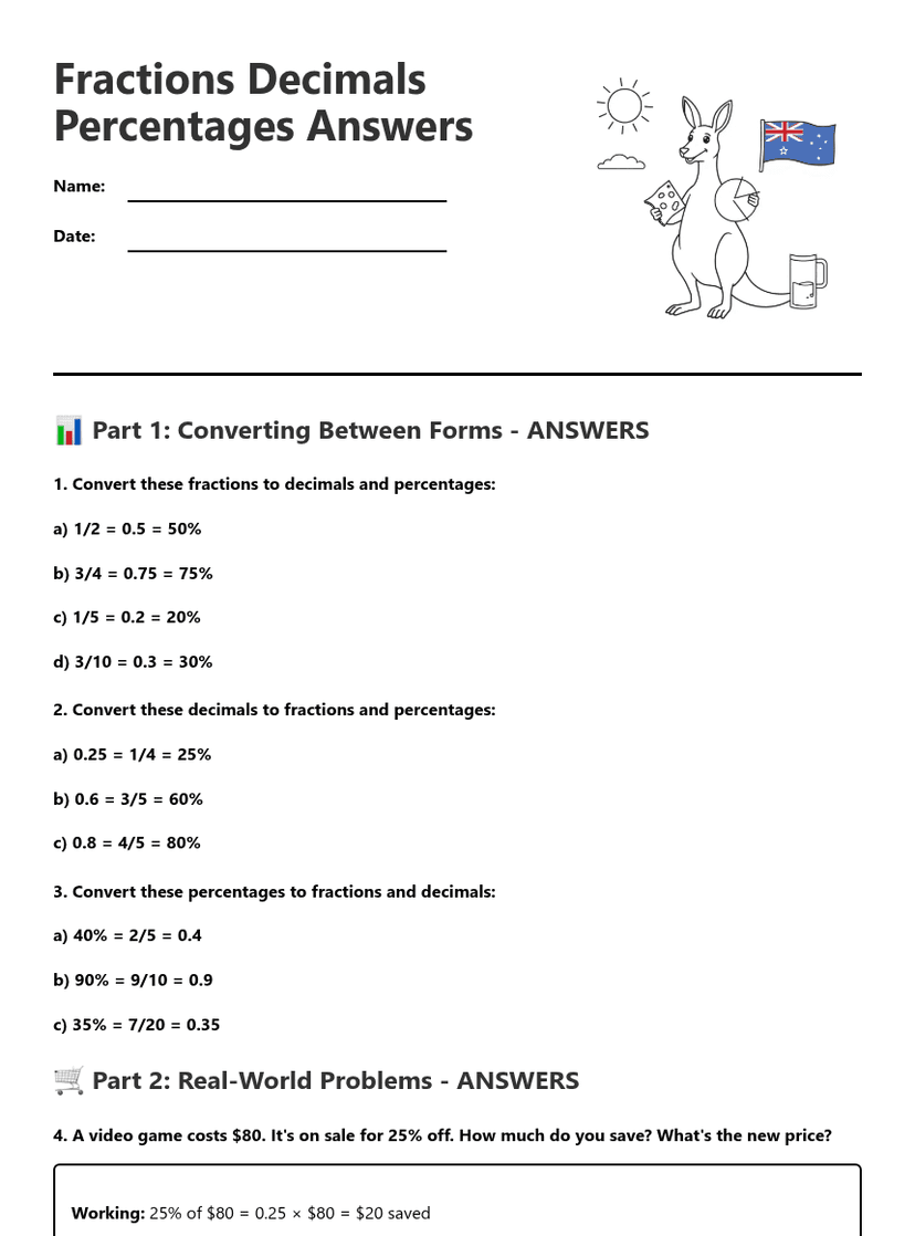 Fractions Decimals Percentages Answers