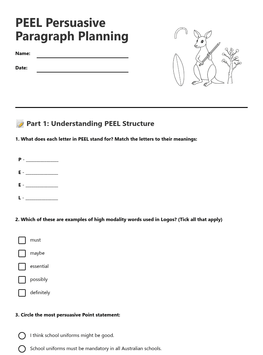 PEEL Persuasive Paragraph Planning worksheet preview