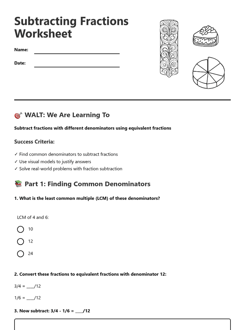 Subtracting Fractions Worksheet