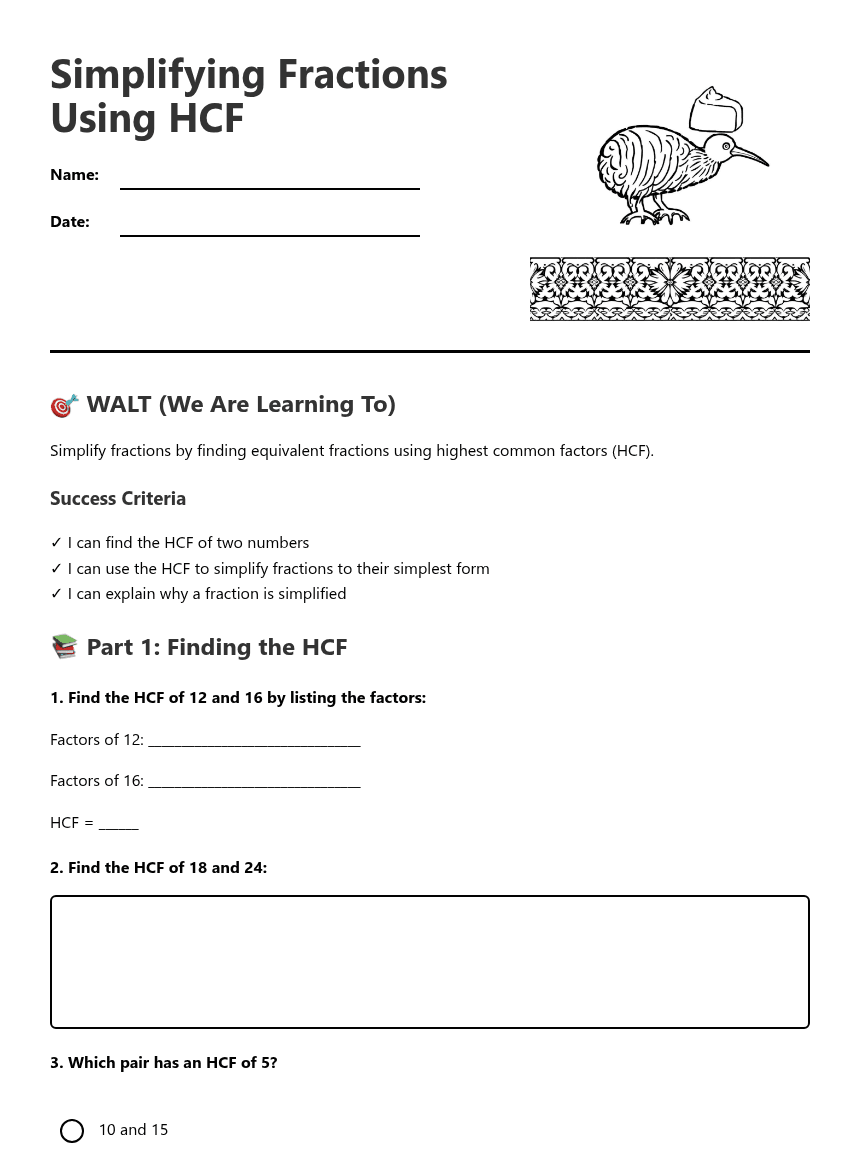 Simplifying Fractions Using HCF worksheet preview