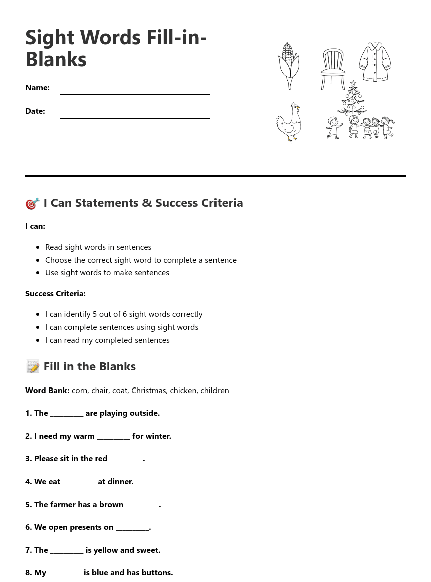 Sight Words Fill-in-Blanks worksheet preview