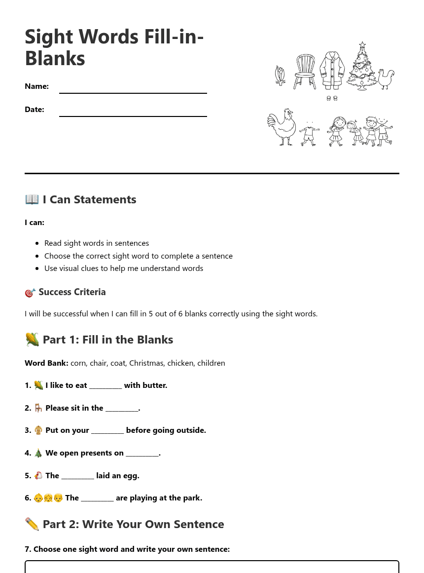Sight Words Fill-in-Blanks worksheet preview