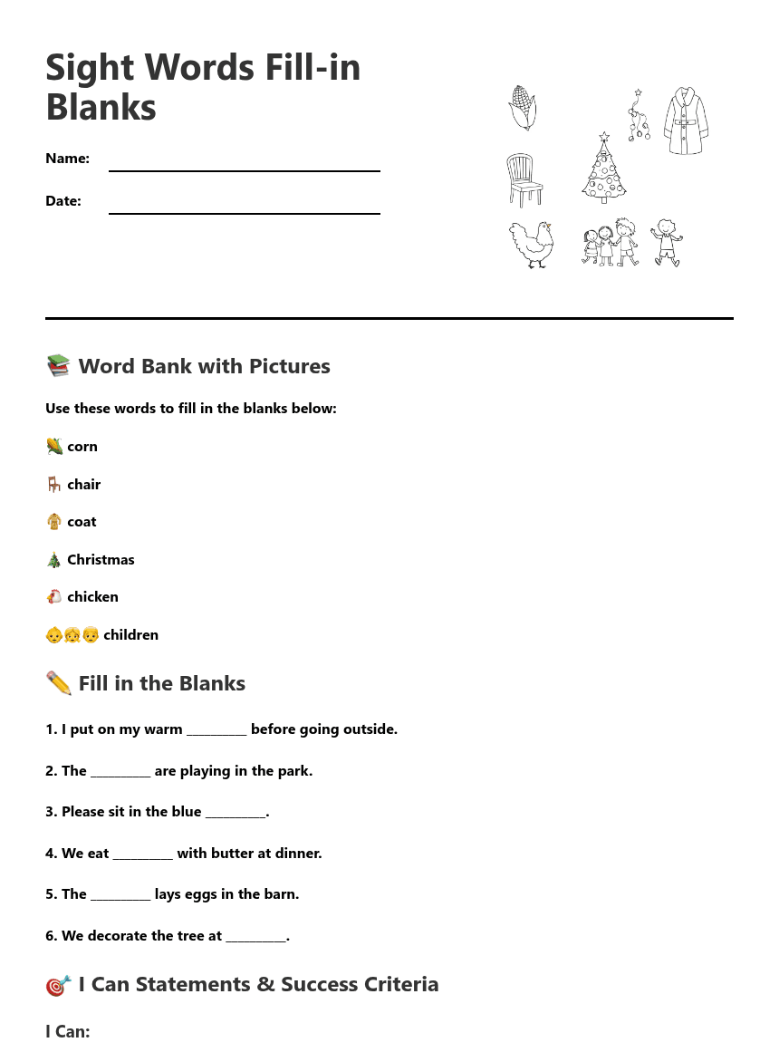 Sight Words Fill-in Blanks worksheet preview
