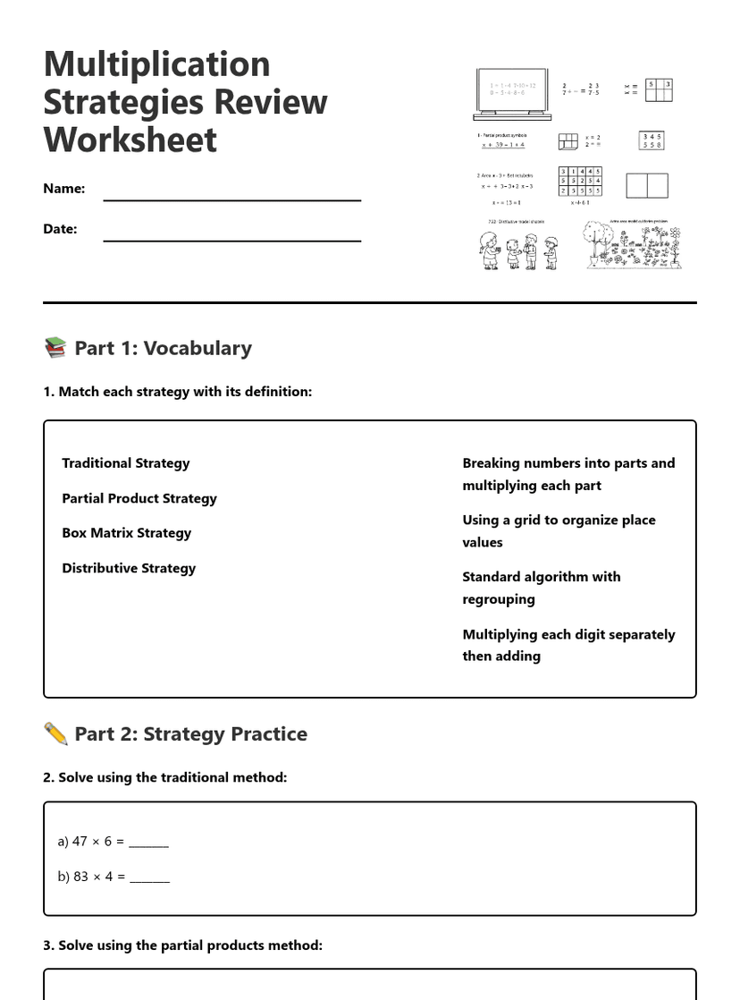 Multiplication Strategies Review Worksheet