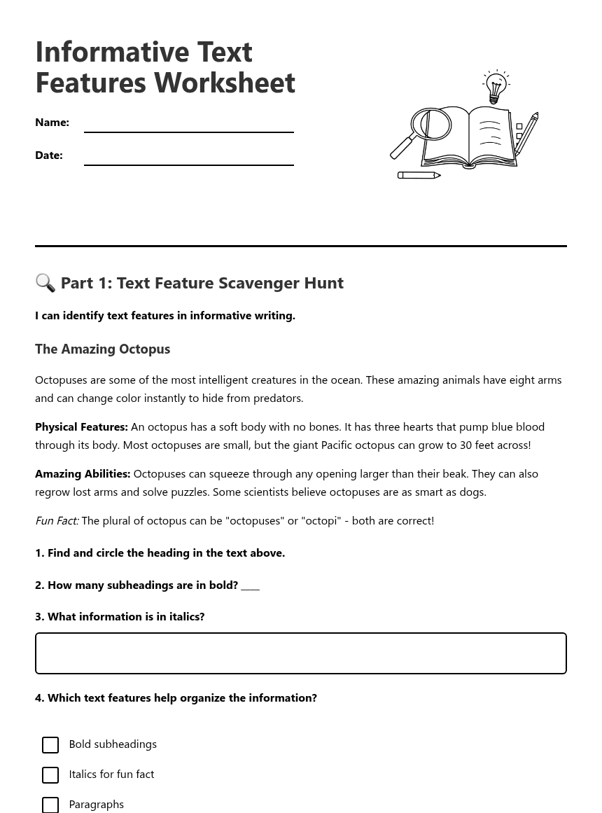 Informative Text Features Worksheet worksheet preview