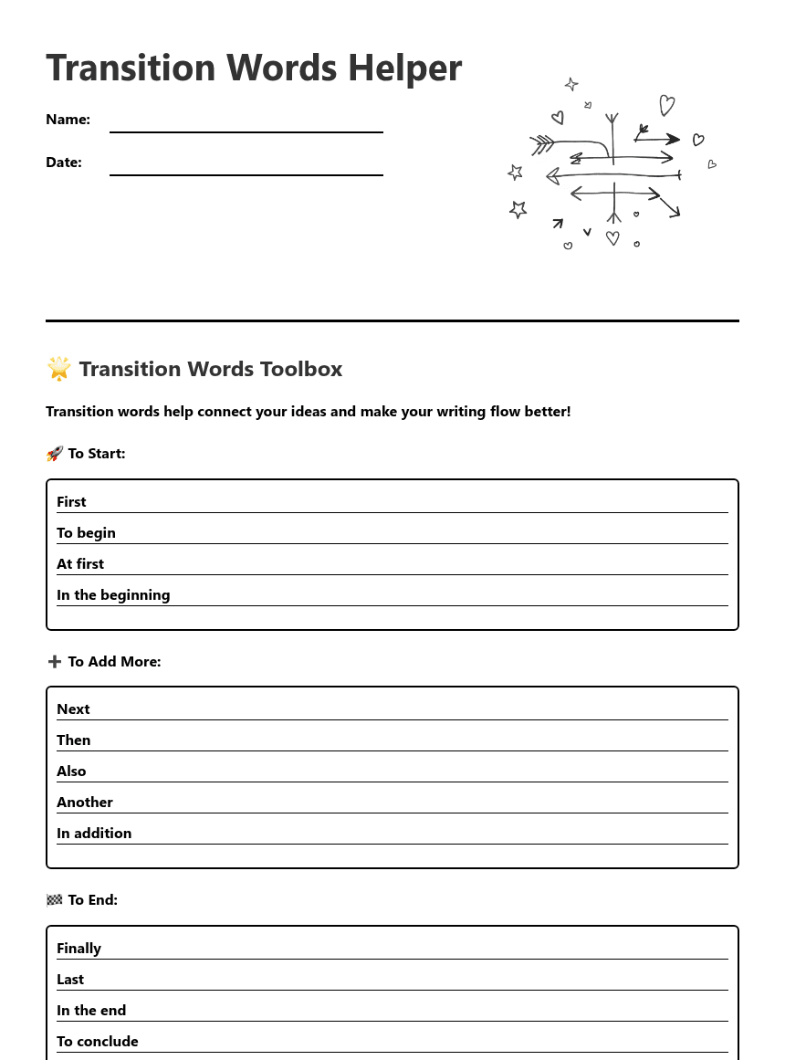 Transition Words Helper worksheet preview