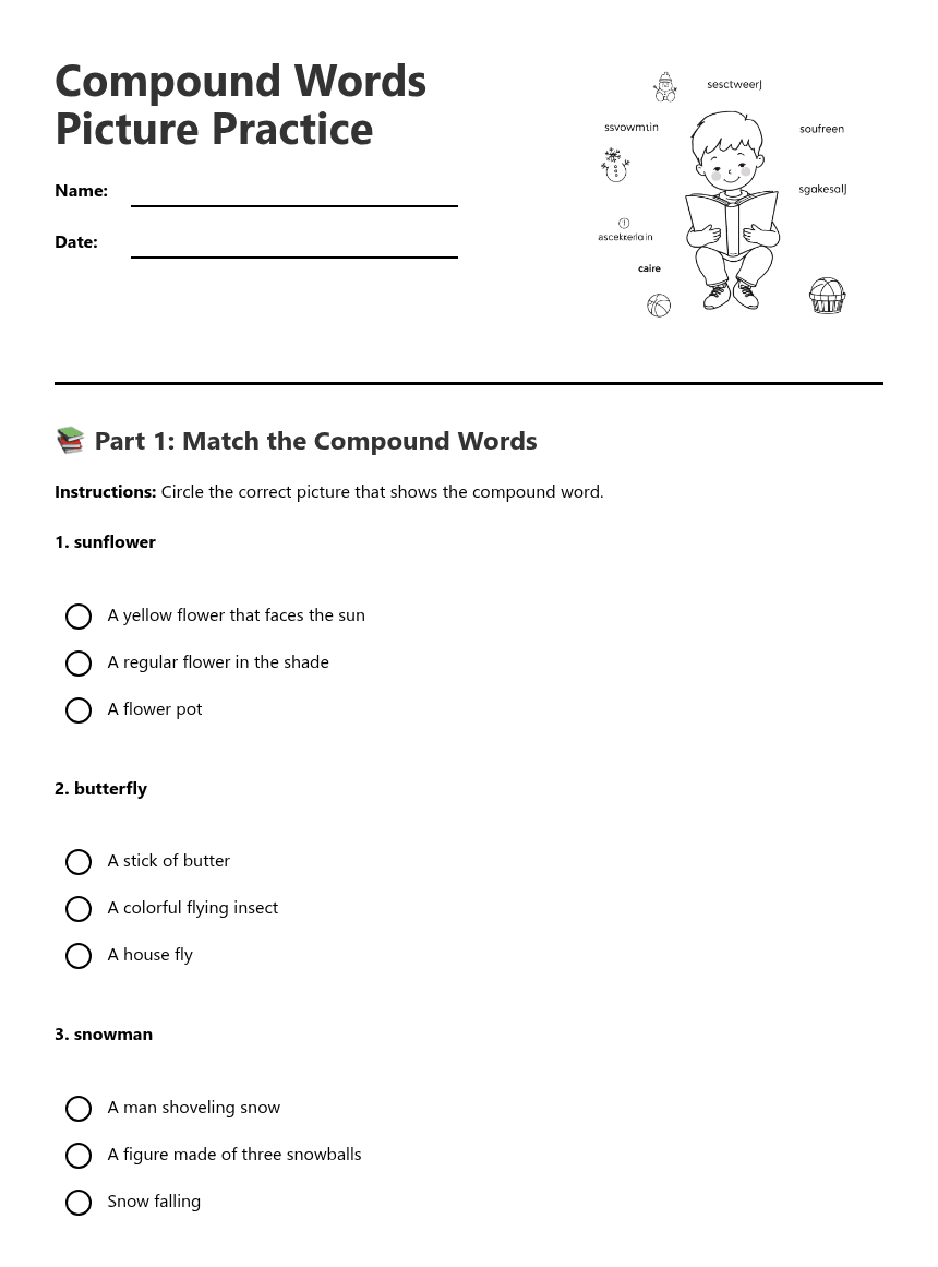 Compound Words Picture Practice worksheet preview