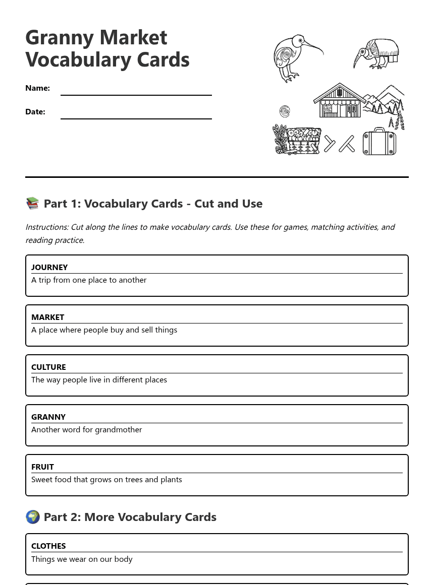 Granny Market Vocabulary Cards worksheet preview