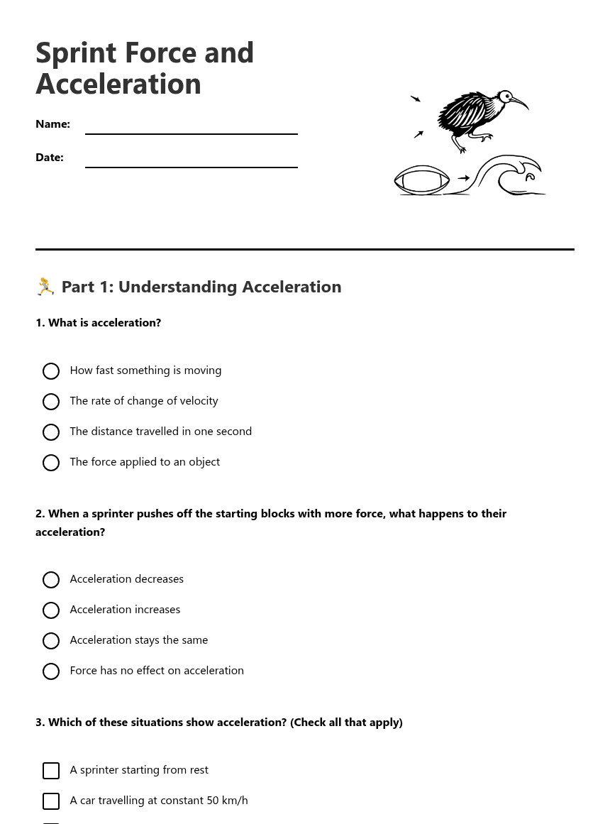 Sprint Force and Acceleration worksheet preview