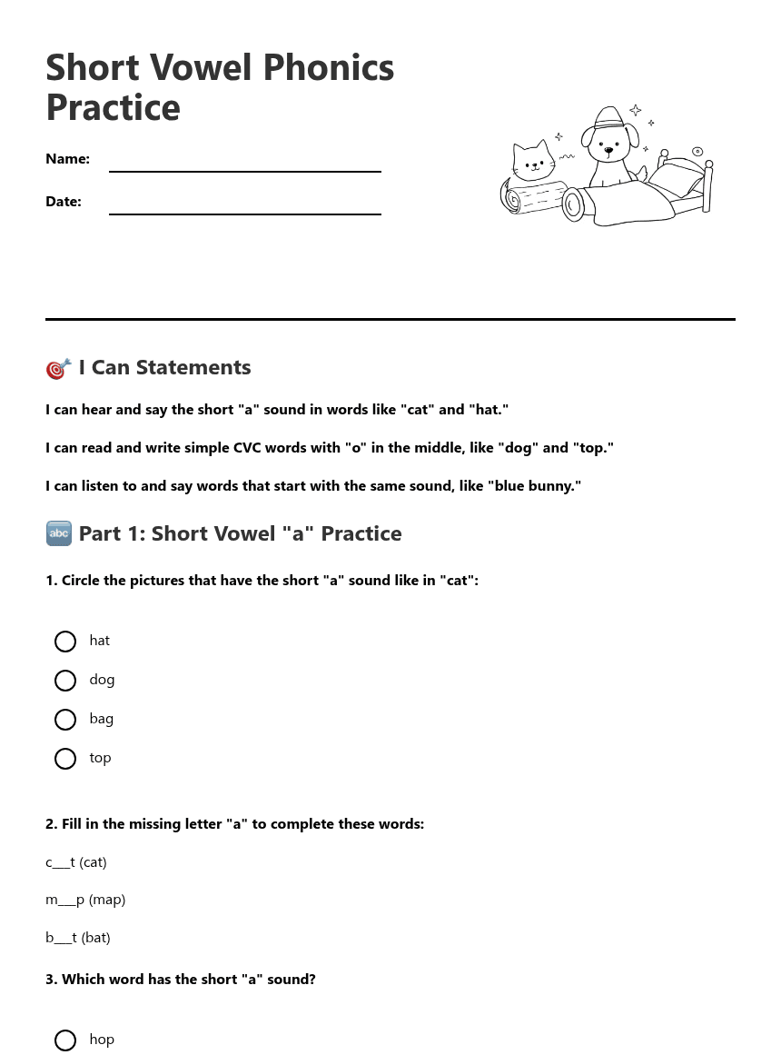 Short Vowel Phonics Practice worksheet preview