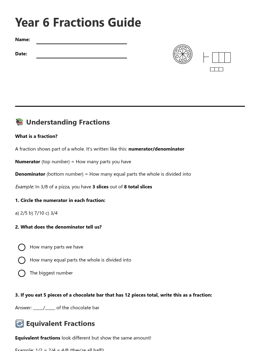 Year 6 Fractions Guide worksheet preview