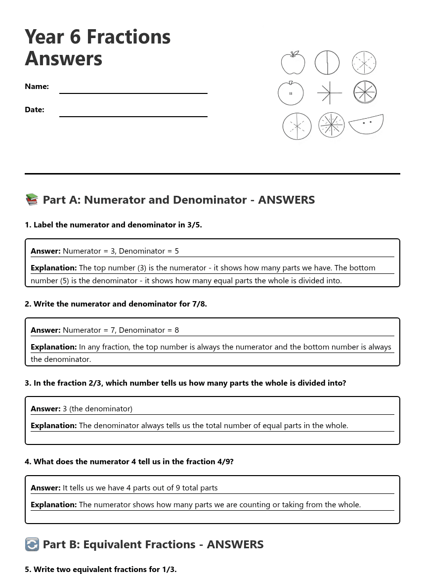 Year 6 Fractions Answers worksheet preview