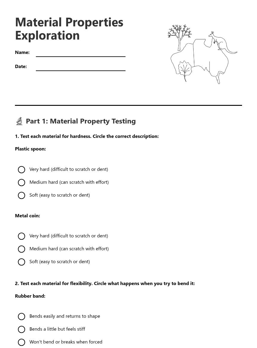 Material Properties Exploration worksheet preview