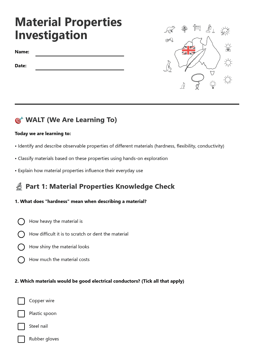 Material Properties Investigation worksheet preview
