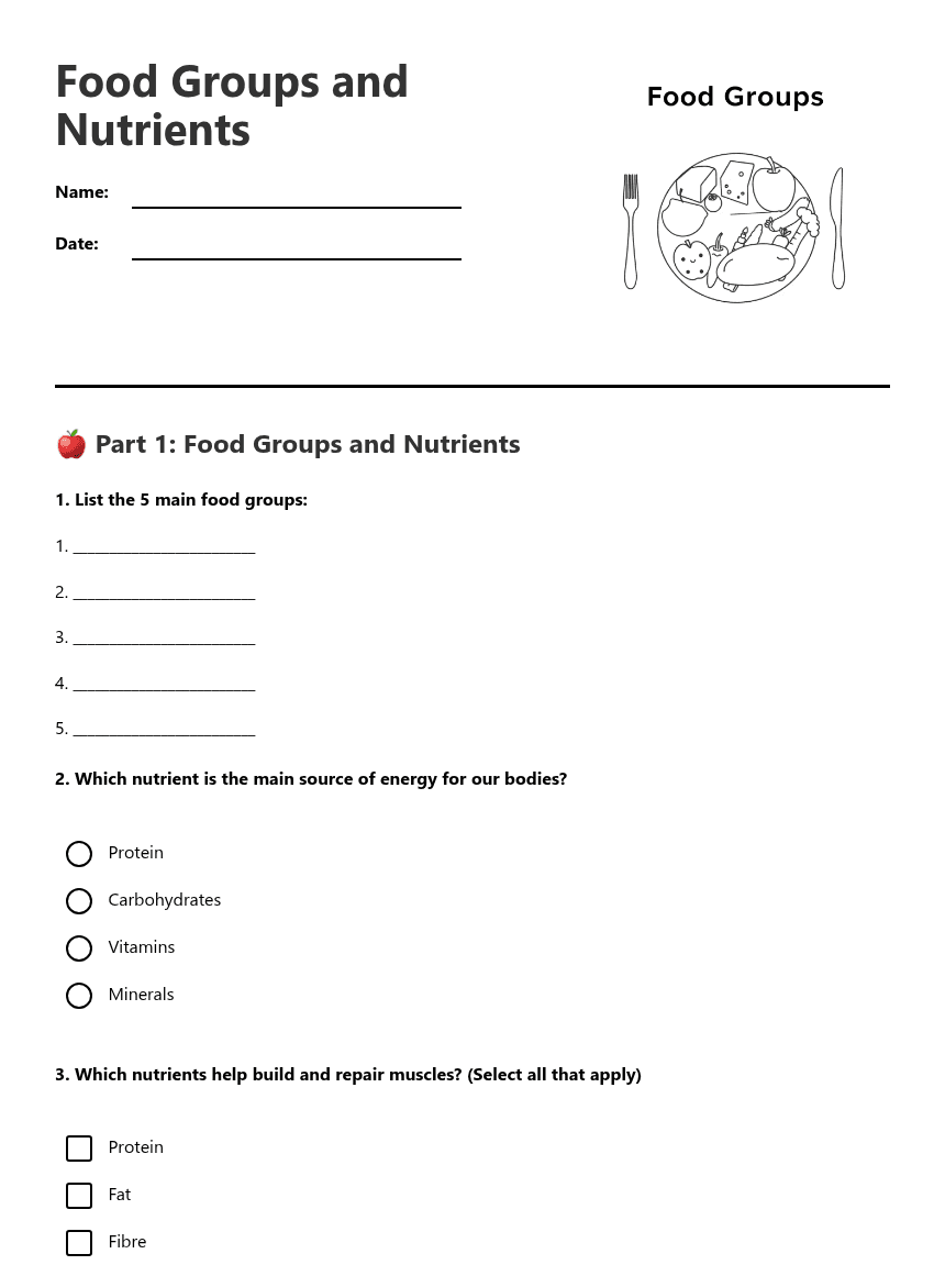 Food Groups and Nutrients worksheet preview