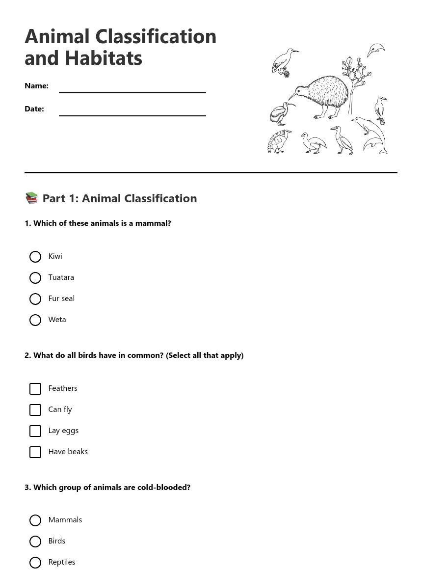 Animal Classification and Habitats worksheet preview
