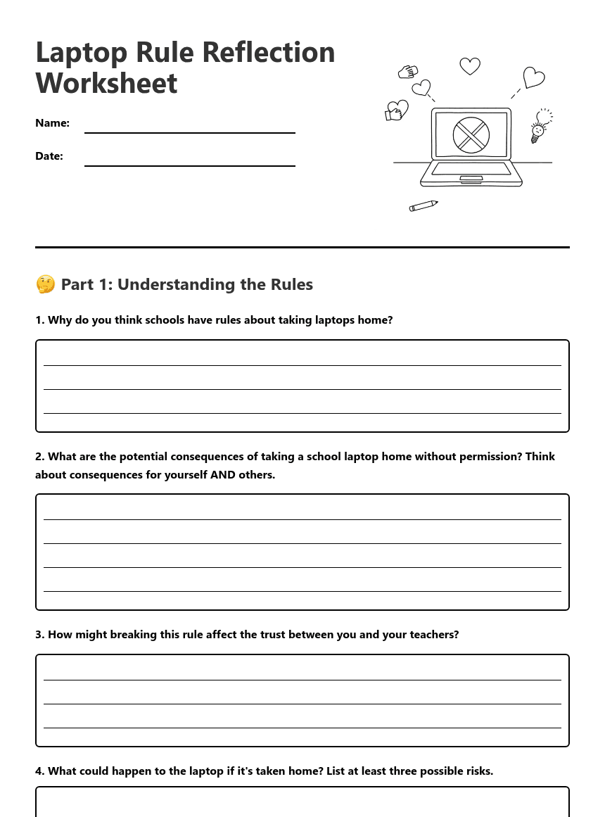 Laptop Rule Reflection Worksheet worksheet preview