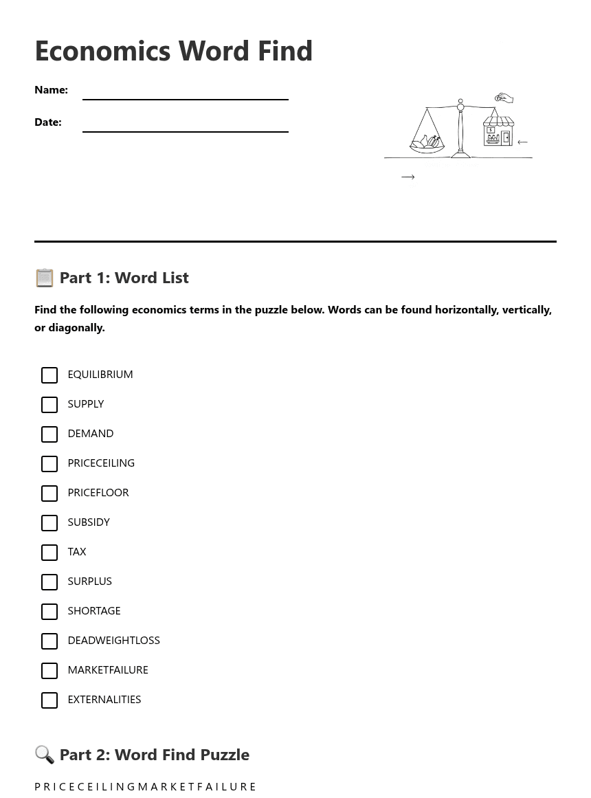 Economics Word Find worksheet preview