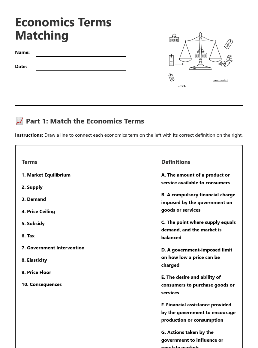 Economics Terms Matching worksheet preview
