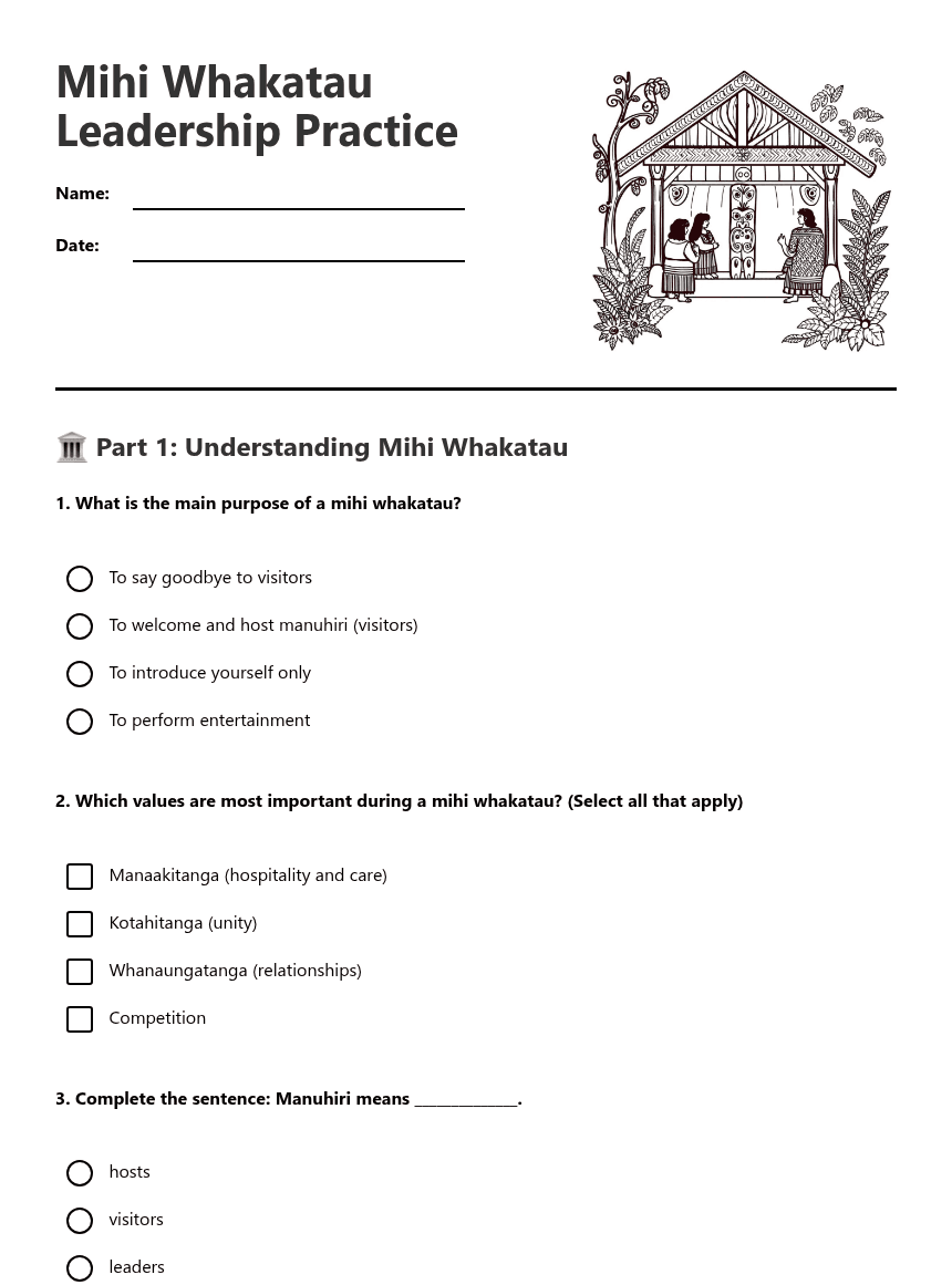 Mihi Whakatau Leadership Practice worksheet preview