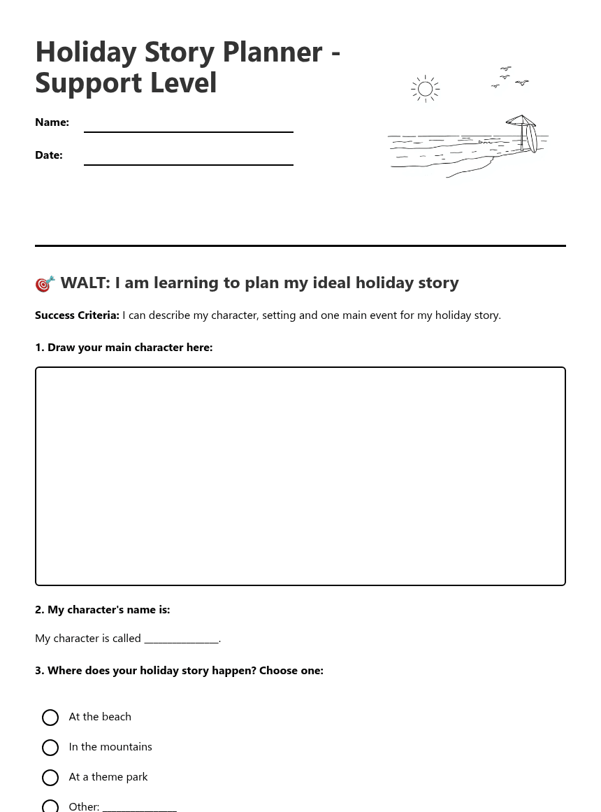 Holiday Story Planner worksheet preview