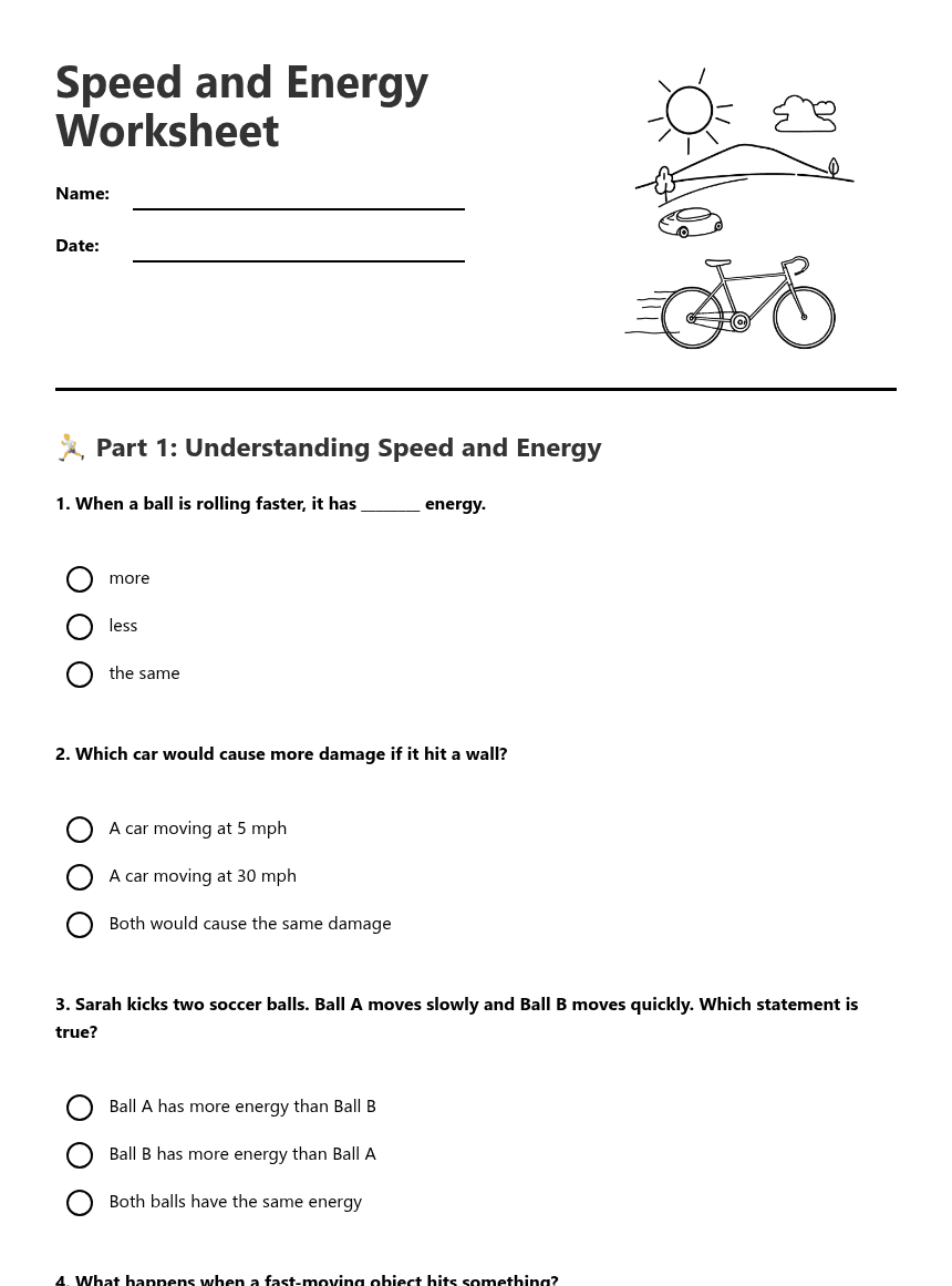 Speed and Energy Worksheet worksheet preview