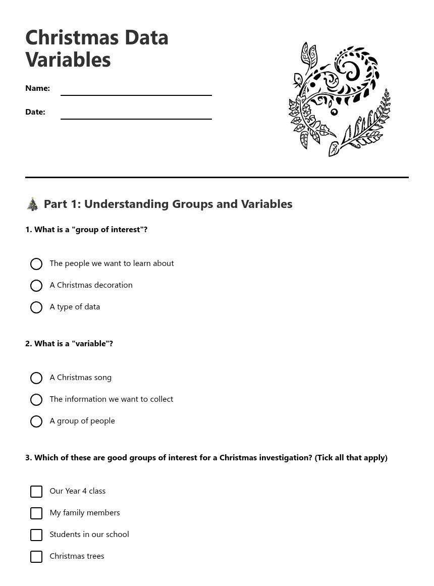 Christmas Data Variables worksheet preview