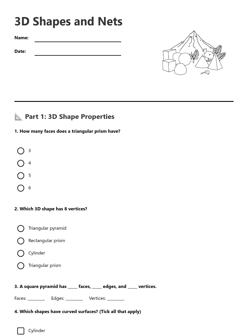 3D Shapes and Nets worksheet preview