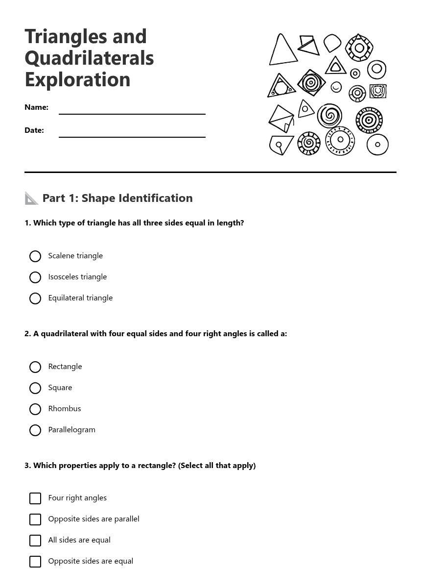 Triangles and Quadrilaterals Exploration worksheet preview