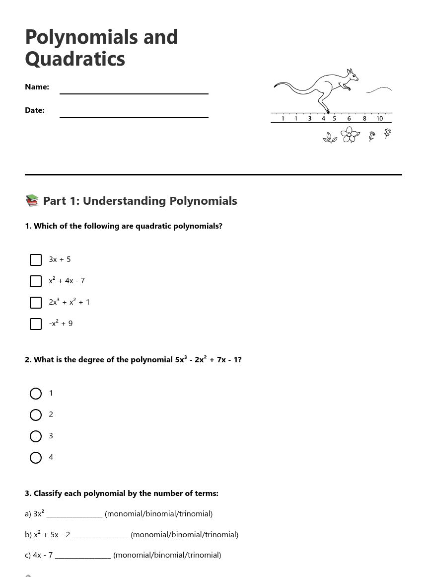 Polynomials and Quadratics worksheet preview