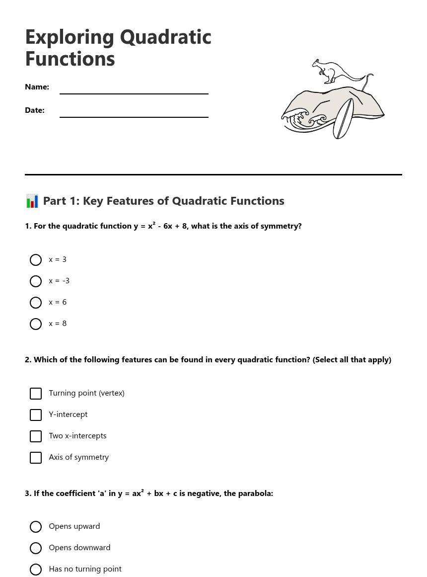 Exploring Quadratic Functions worksheet preview