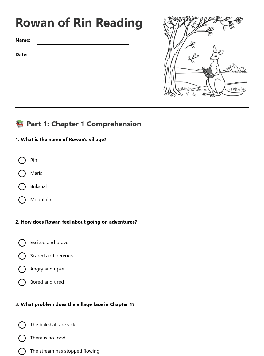 Rowan of Rin Reading worksheet preview