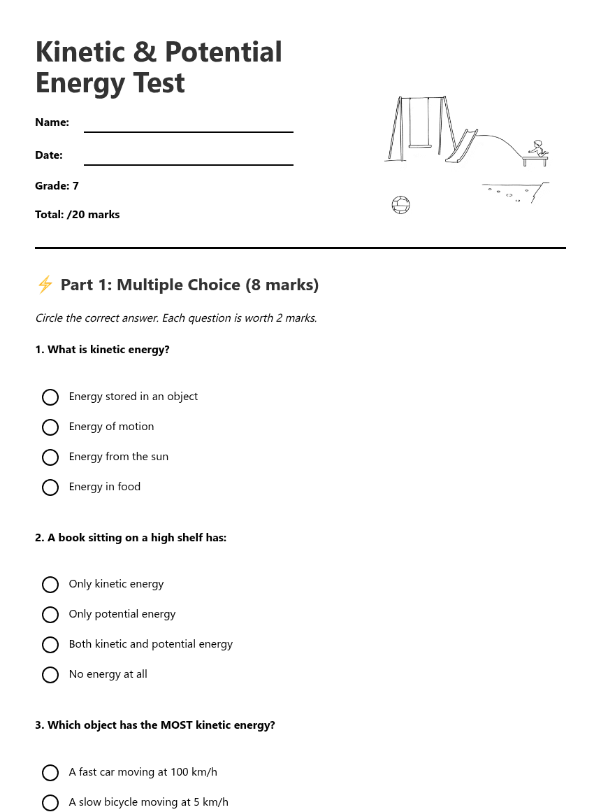 Kinetic Potential Energy Test worksheet preview