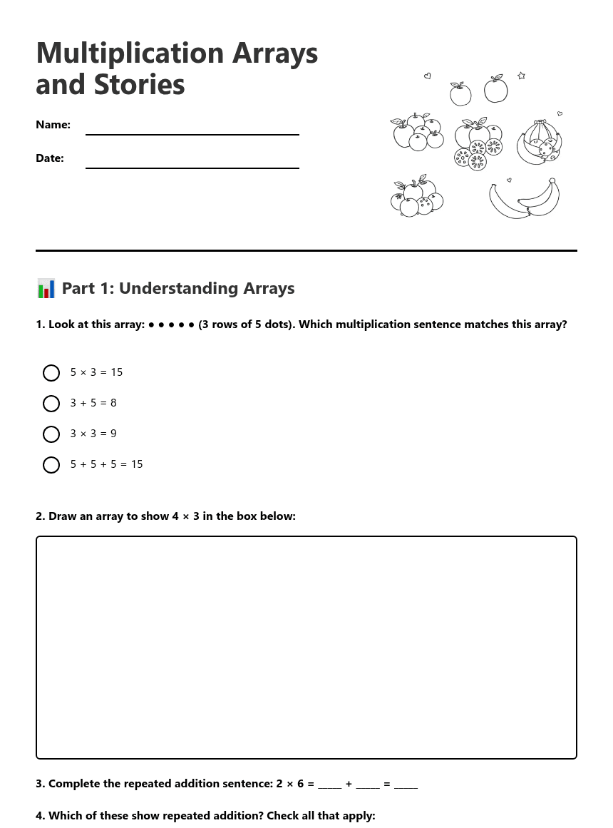 Multiplication Arrays and Stories worksheet preview