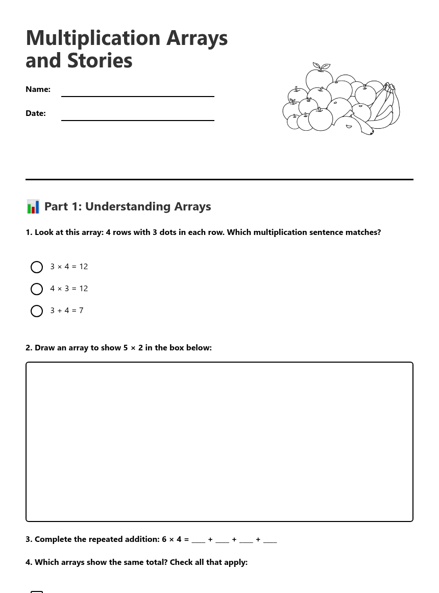 Multiplication Arrays and Stories worksheet preview