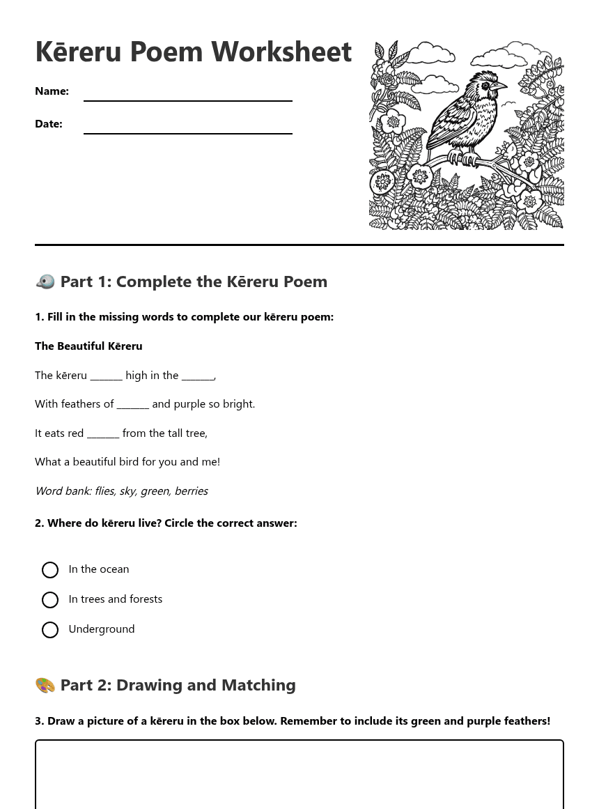 Kēreru Poem Worksheet worksheet preview