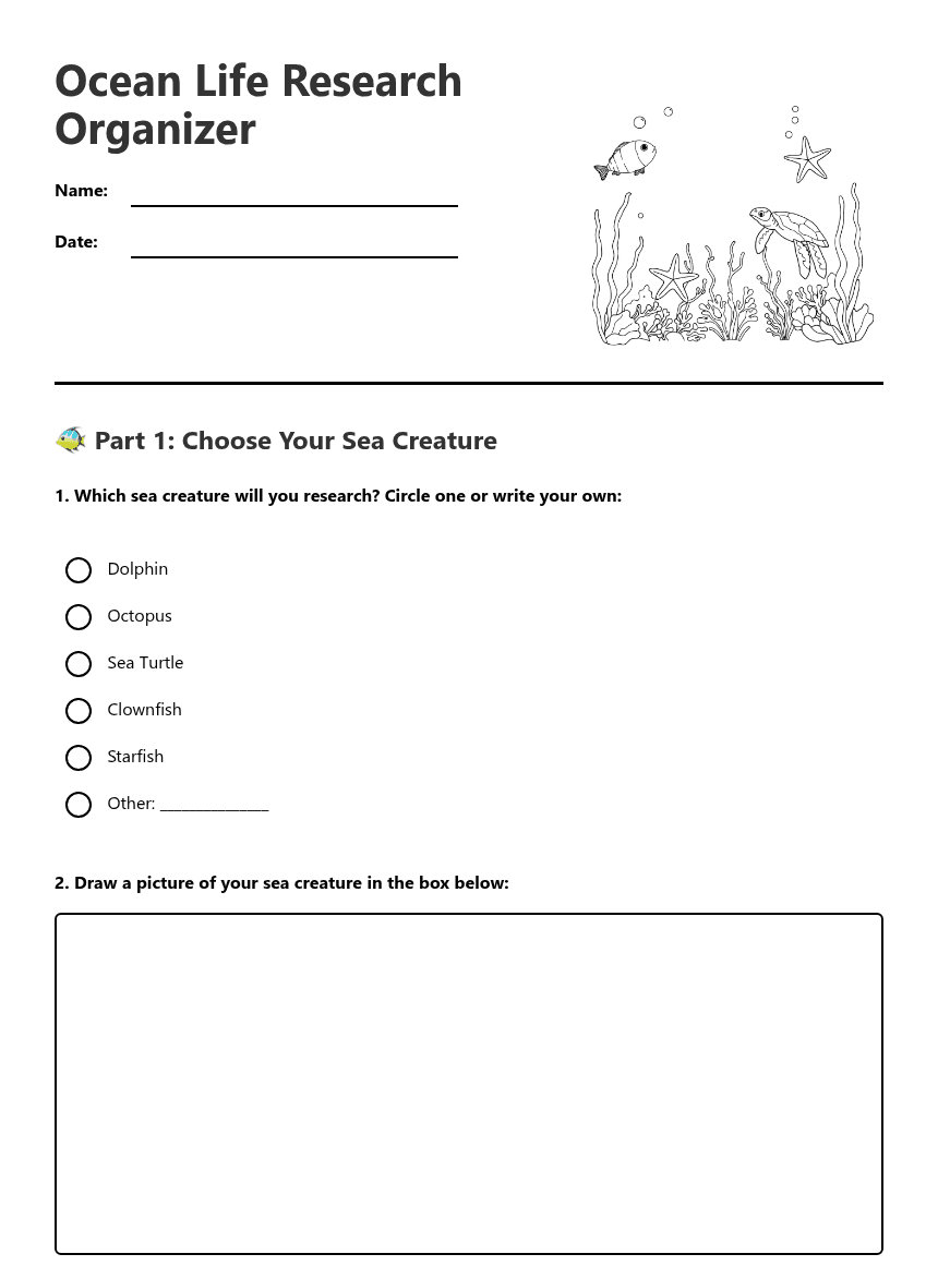Ocean Life Research Organizer worksheet preview